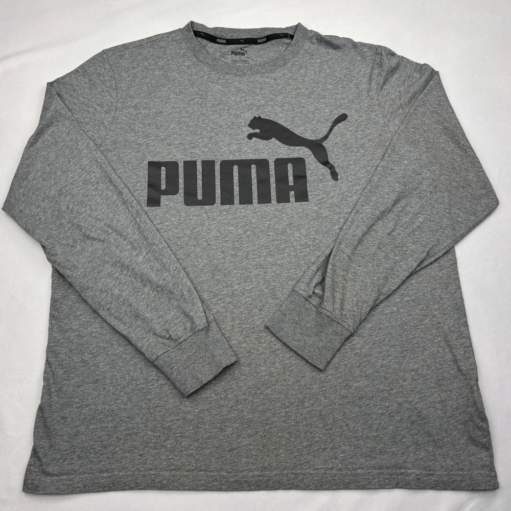 Puma Shirt Mens Large Heather Grey Long Sleeve Big Logo Crew Neck Cotton